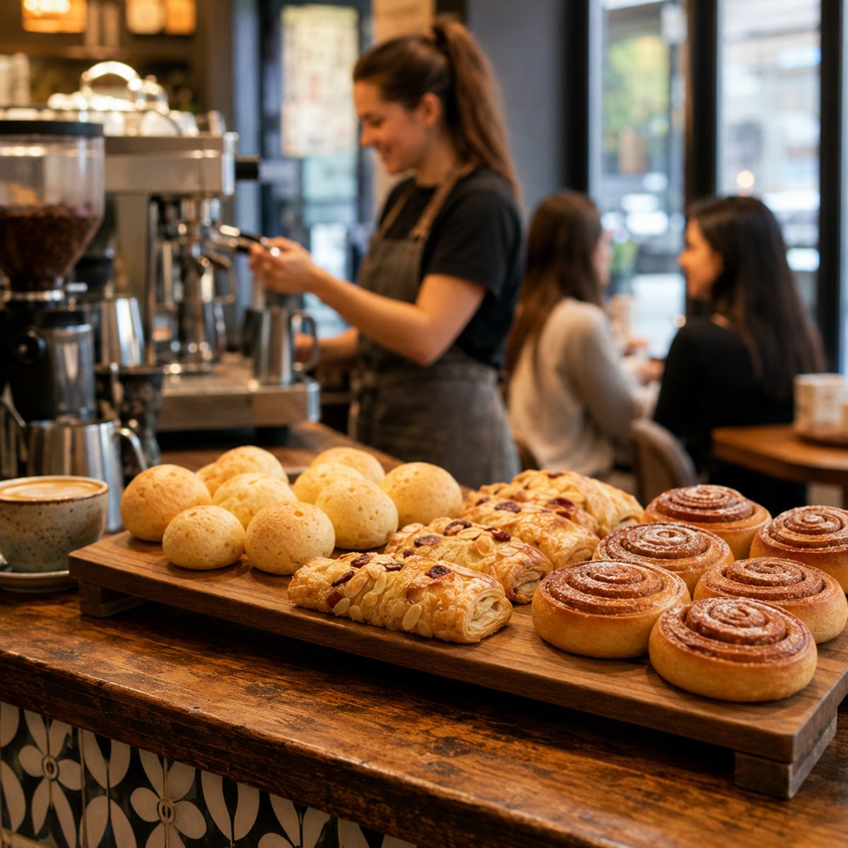 Barista en una cafetería con bandejas de panadería recién horneada