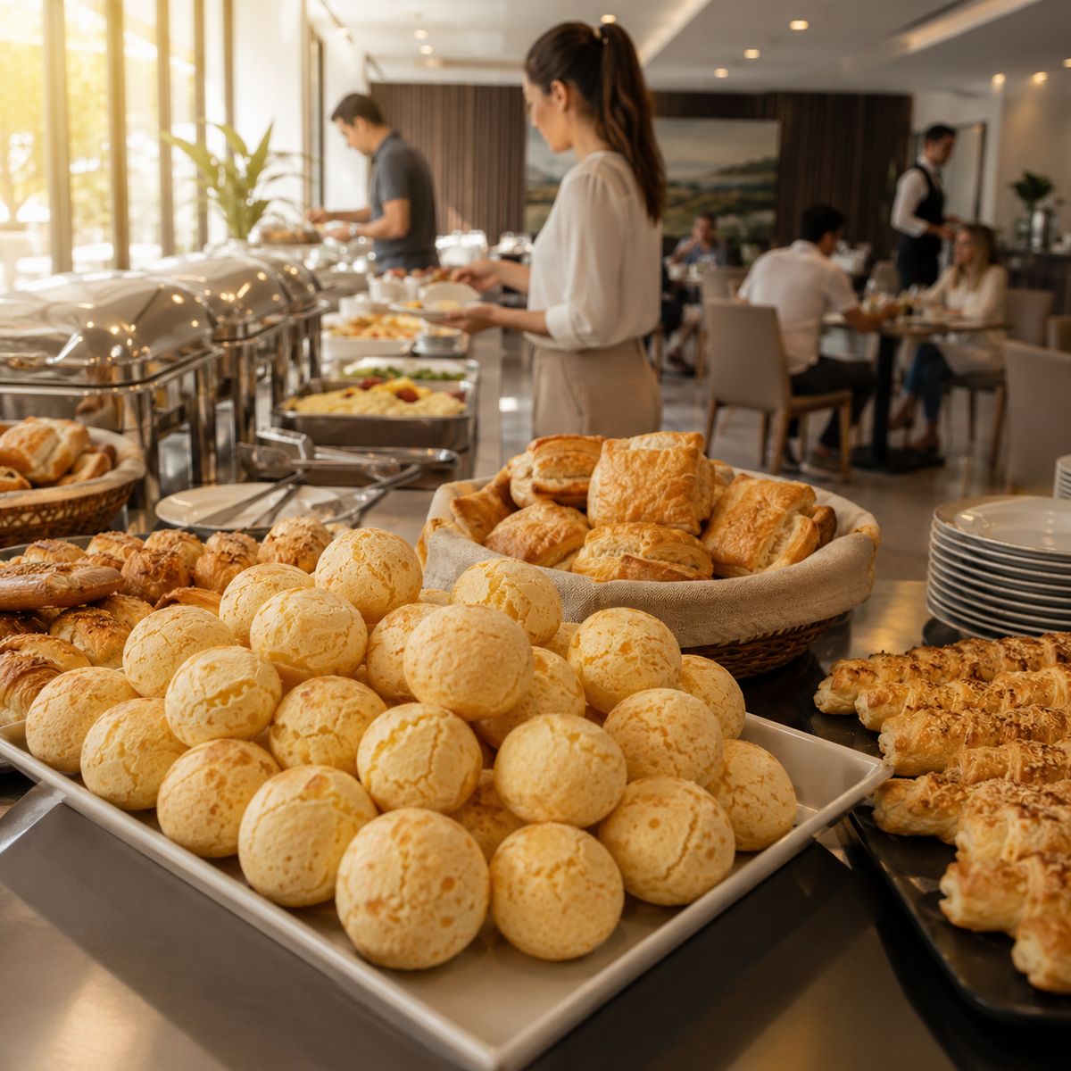 Buffet de desayuno de hotel con pan de bono y hojaldres