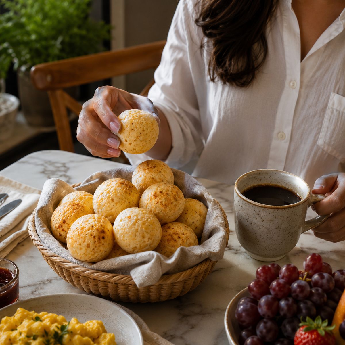 Mesa de restaurante con canasta de pan de bono y café